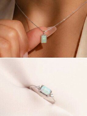Opal Necklace & Ring Set | 925 Sterling Silver Minimalist Jewelry Set Size 7